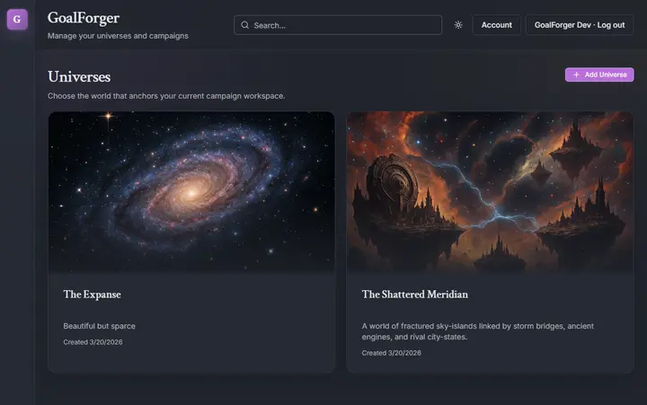 Goalforger universes workspace